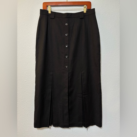 Vintage 80s does 40s Black Wool Accordion Pleat Kick Pleat Midi Skirt L EUC - Picture 2 of 8